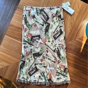 SLB Silk Midi Adventure Print A-Line Skirt Plane Medium M Y2K 2000s